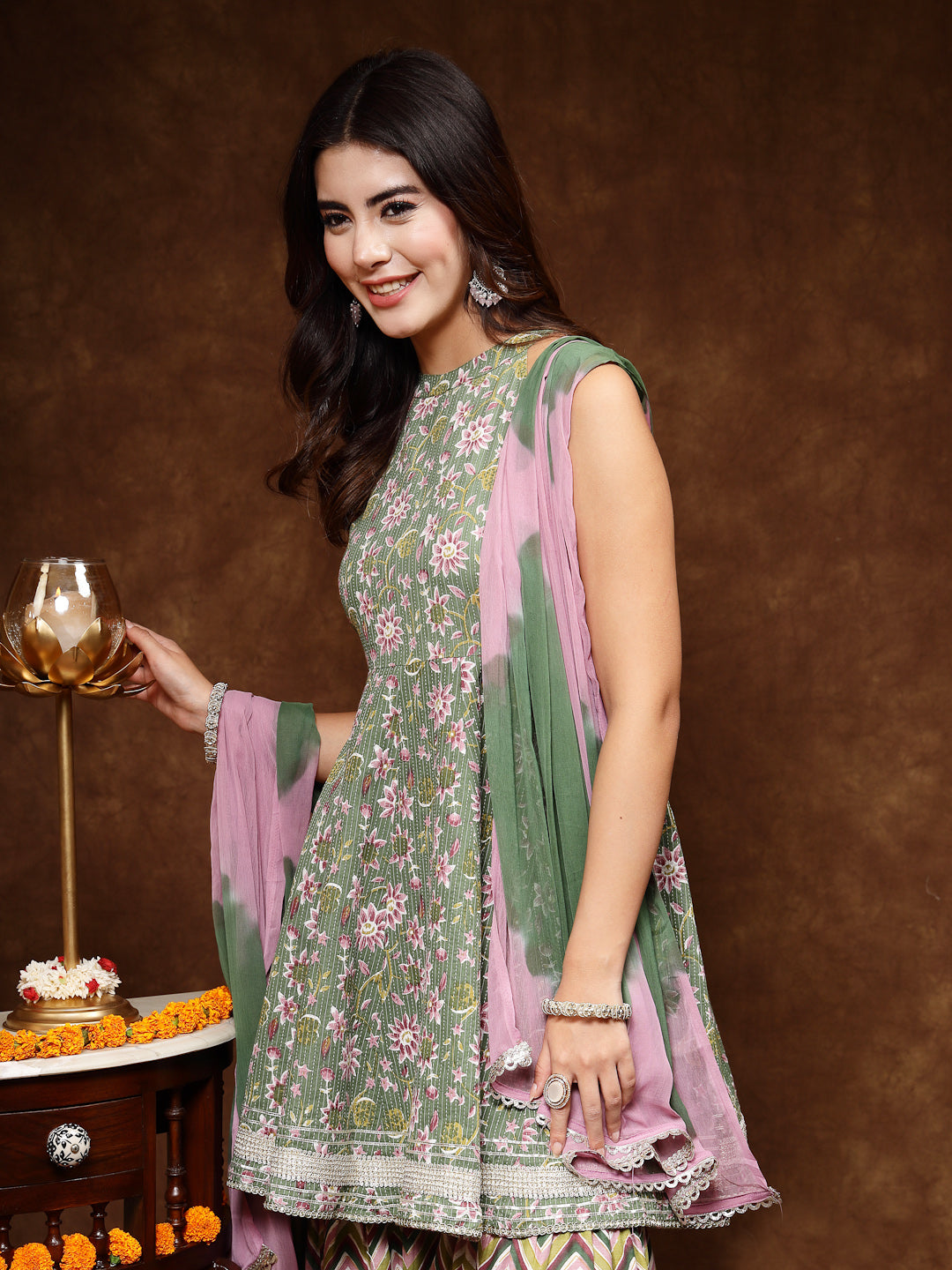 Green Floral Printed Katha Cotton Flared Kurta Sharara Dupatta Set