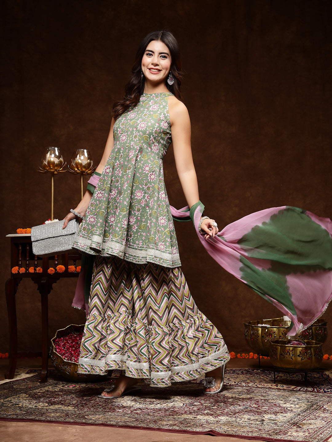 Green Floral Printed Katha Cotton Flared Kurta Sharara Dupatta Set