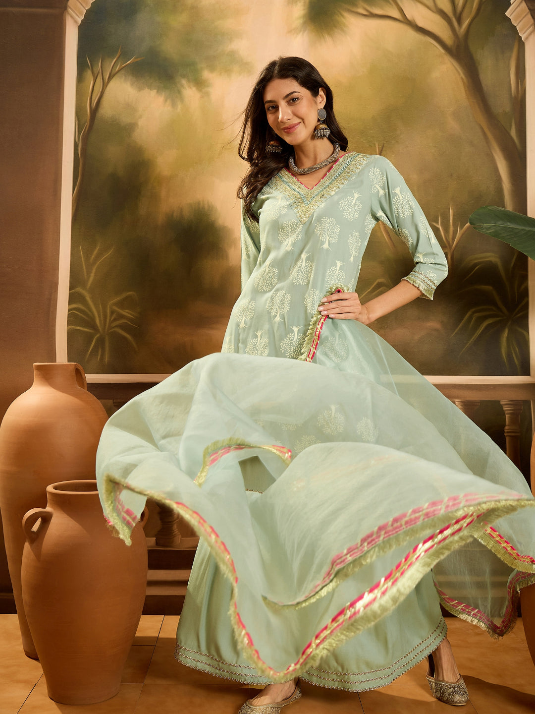 Pista Printed Rayon Straight Kurta Sharara Dupatta Set