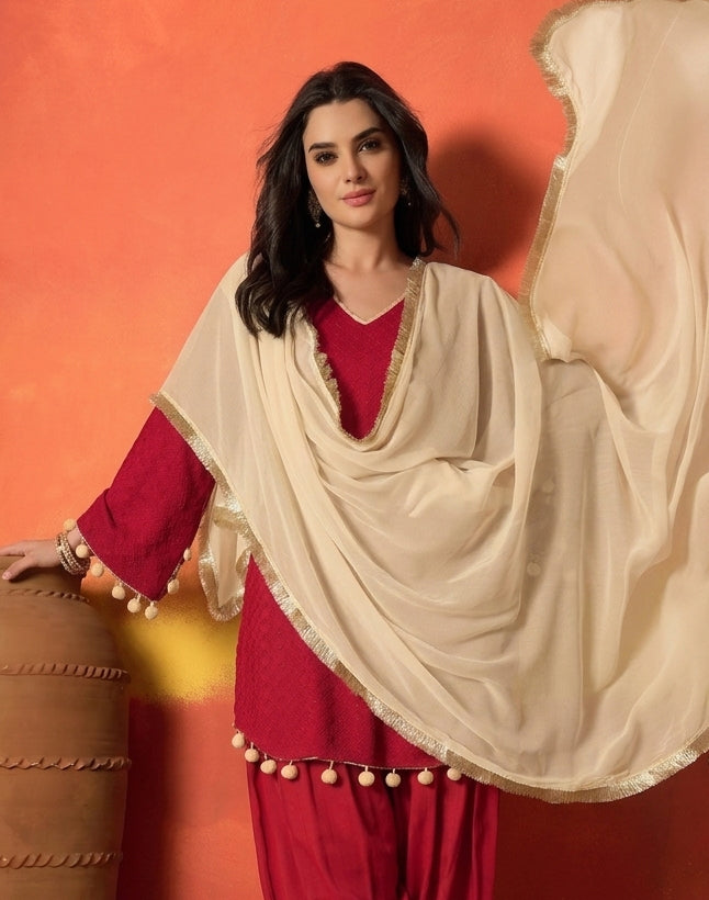 Chikankari Rayon A-Line Kurti Farshi Salwar With Dupatta Set