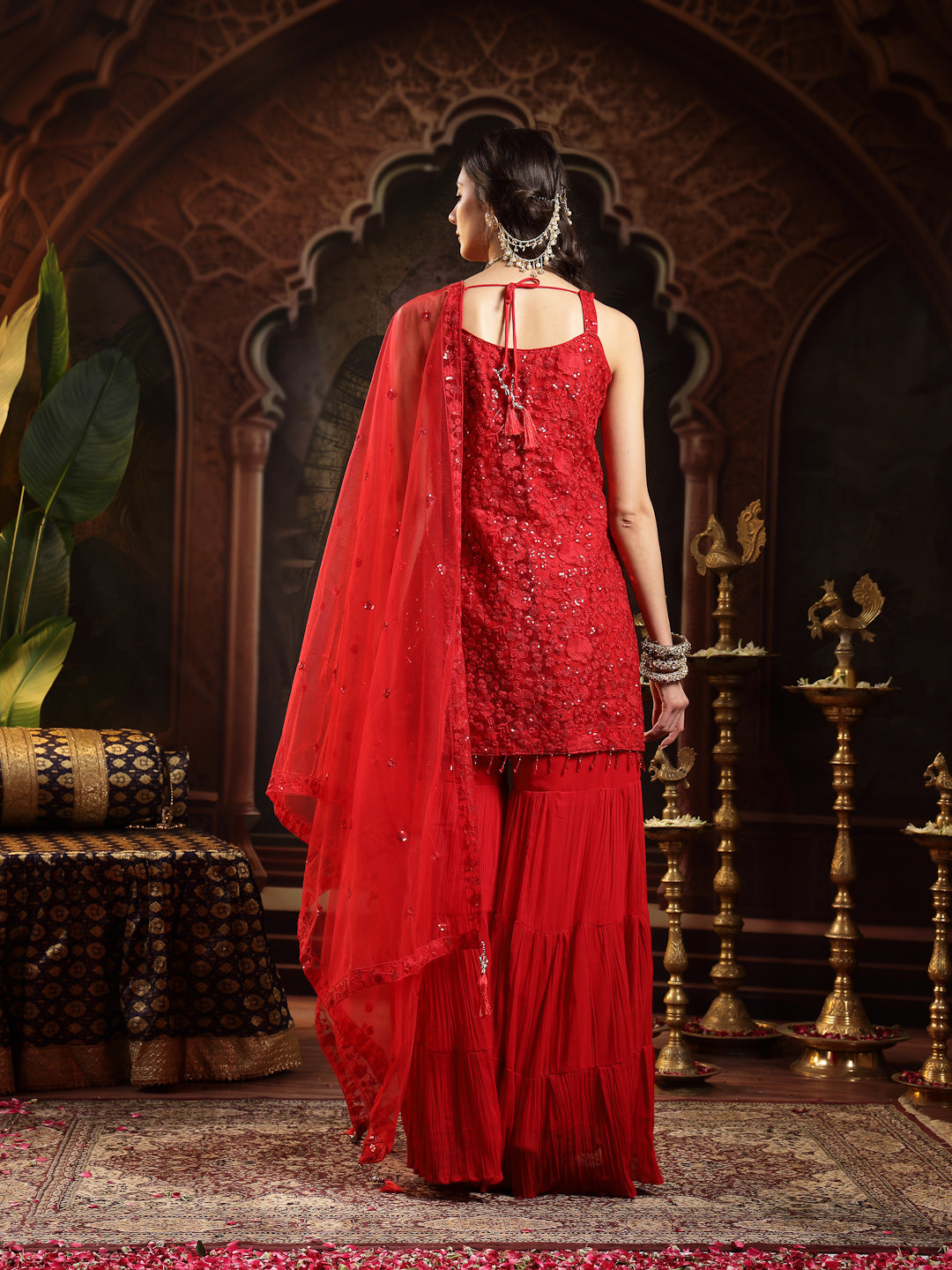 Red Embroidered Net Straight Kurti Sharara Dupatta Set
