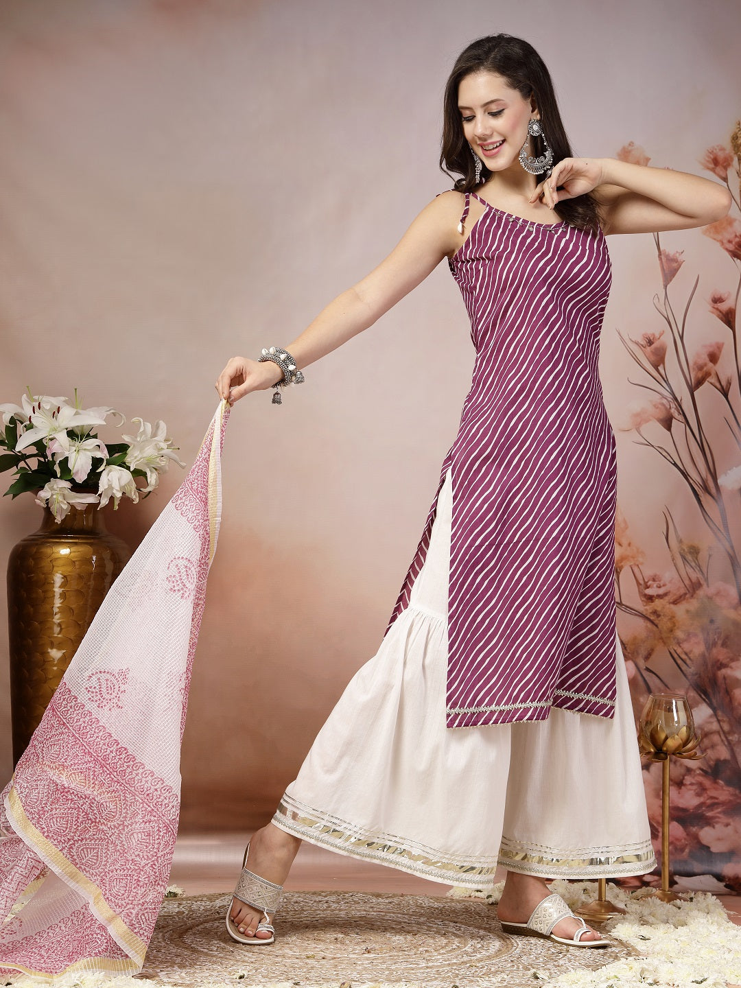 Wine Lehriya Printed Cotton Straight Kurta Sharara Dupatta Set