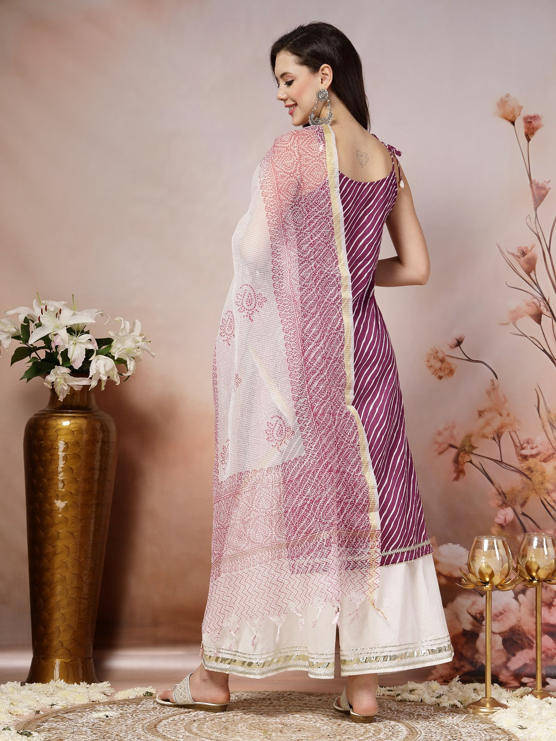 Wine Lehriya Printed Cotton Straight Kurta Sharara Dupatta Set