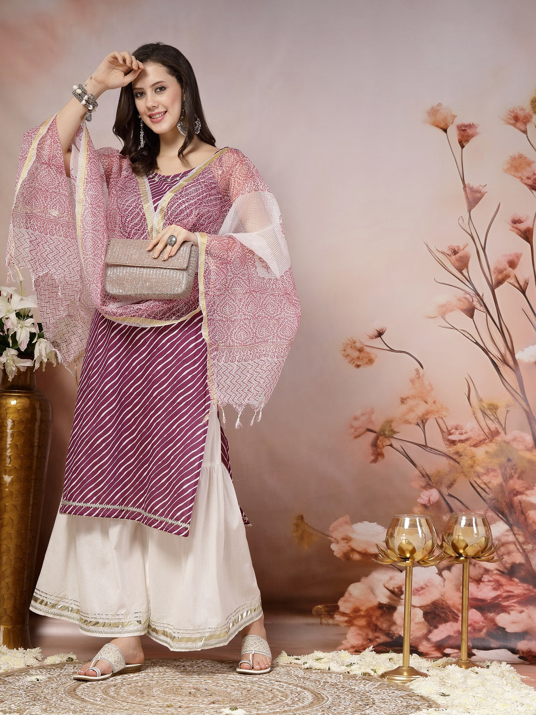 Wine Lehriya Printed Cotton Straight Kurta Sharara Dupatta Set
