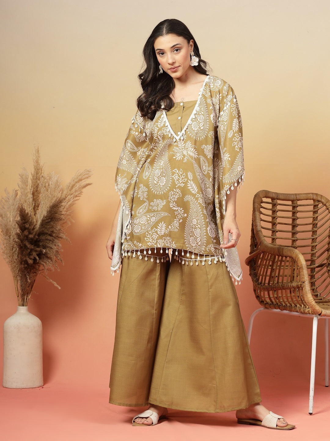 Green Paisley Printed Cotton Blend Crop Top Kaftan Sharara Set