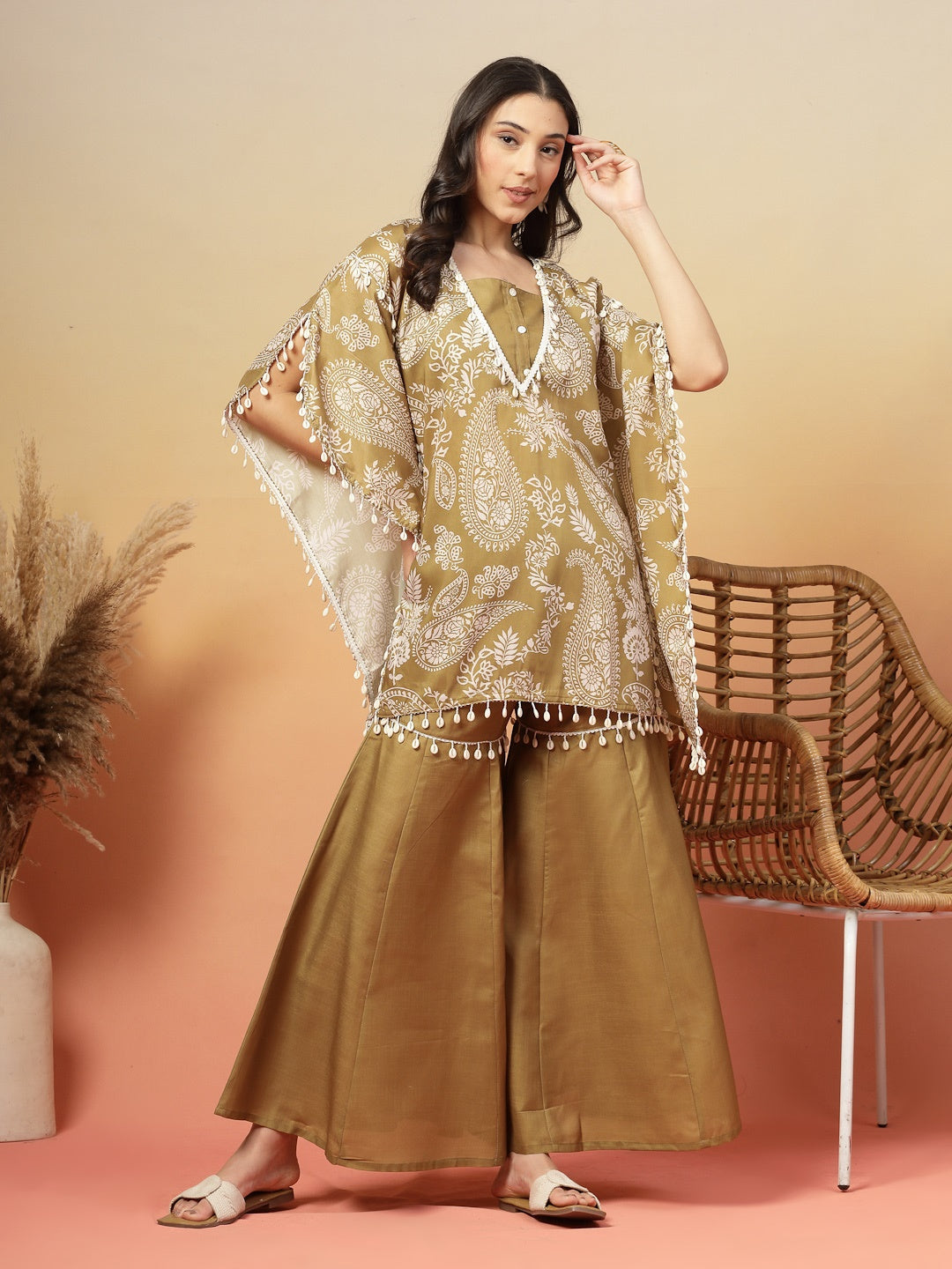 Green Paisley Printed Cotton Blend Crop Top Kaftan Sharara Set