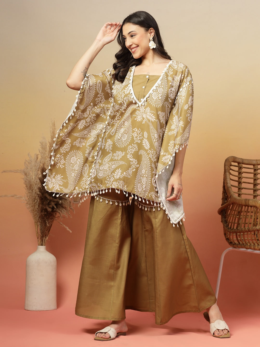 Green Paisley Printed Cotton Blend Crop Top Kaftan Sharara Set