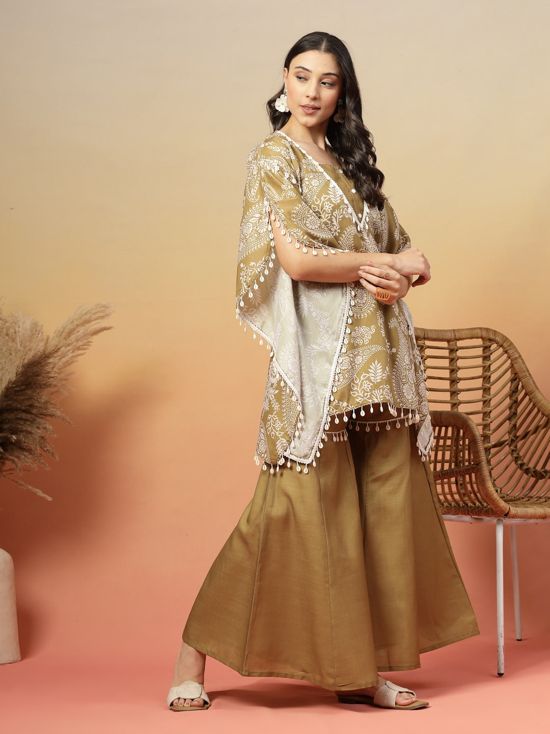 Green Paisley Printed Cotton Blend Crop Top Kaftan Sharara Set