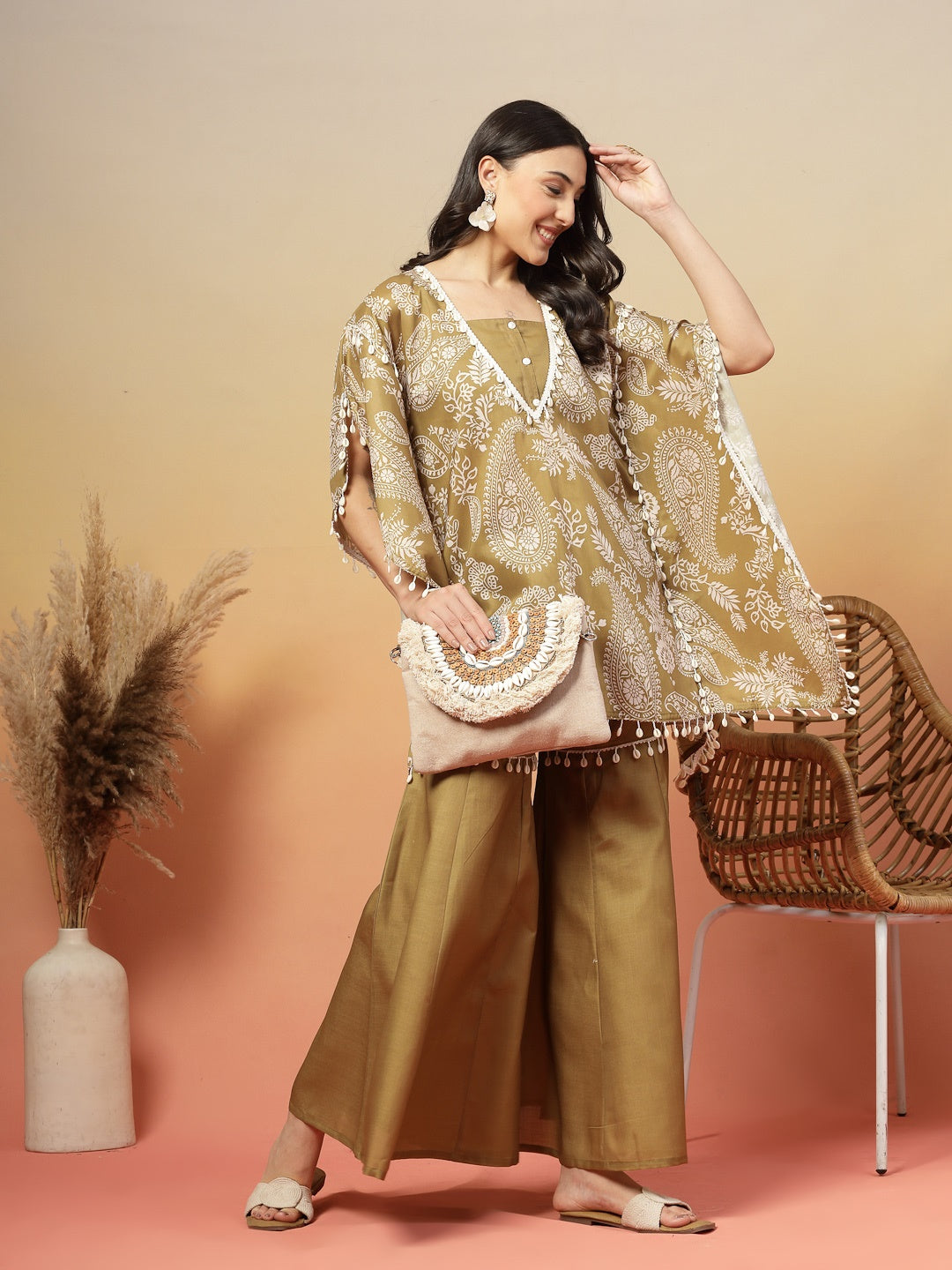 Green Paisley Printed Cotton Blend Crop Top Kaftan Sharara Set