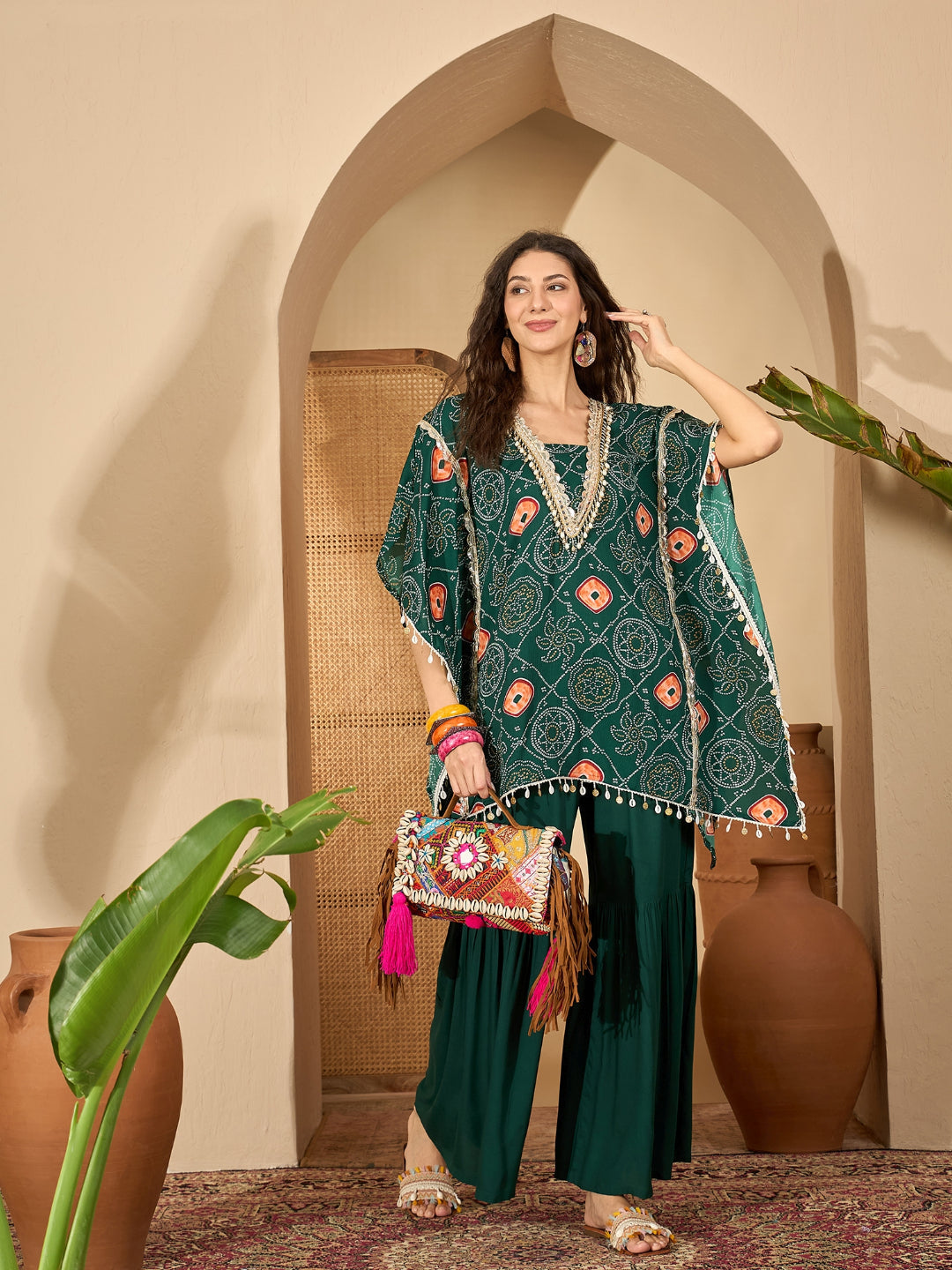 Green Bandhej Printed Crepe Kaftan Sharara Set