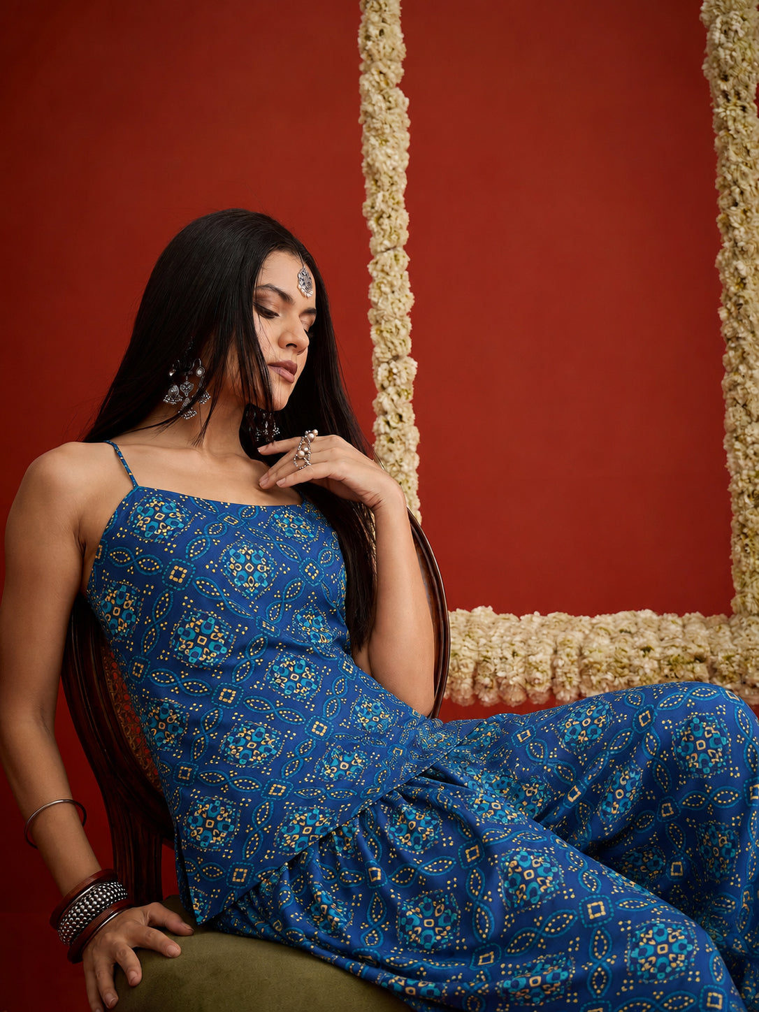 Bandhej Printed Reyon Straight Short Kurti With Farshi Salwar