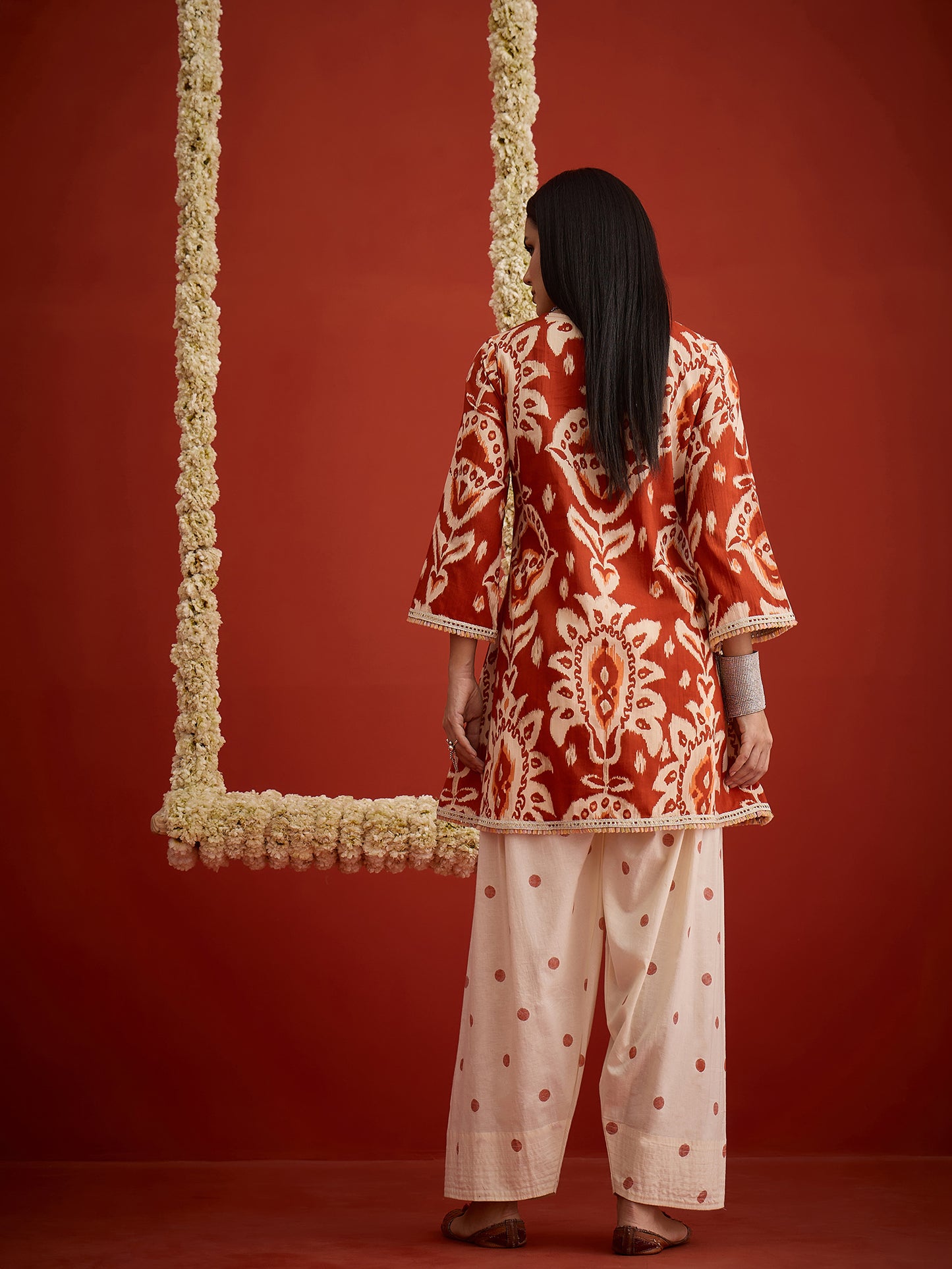 Ikat Printed & Embroidered Cotton A-Line Short Kurti With Farshi Farshi Slawar Set