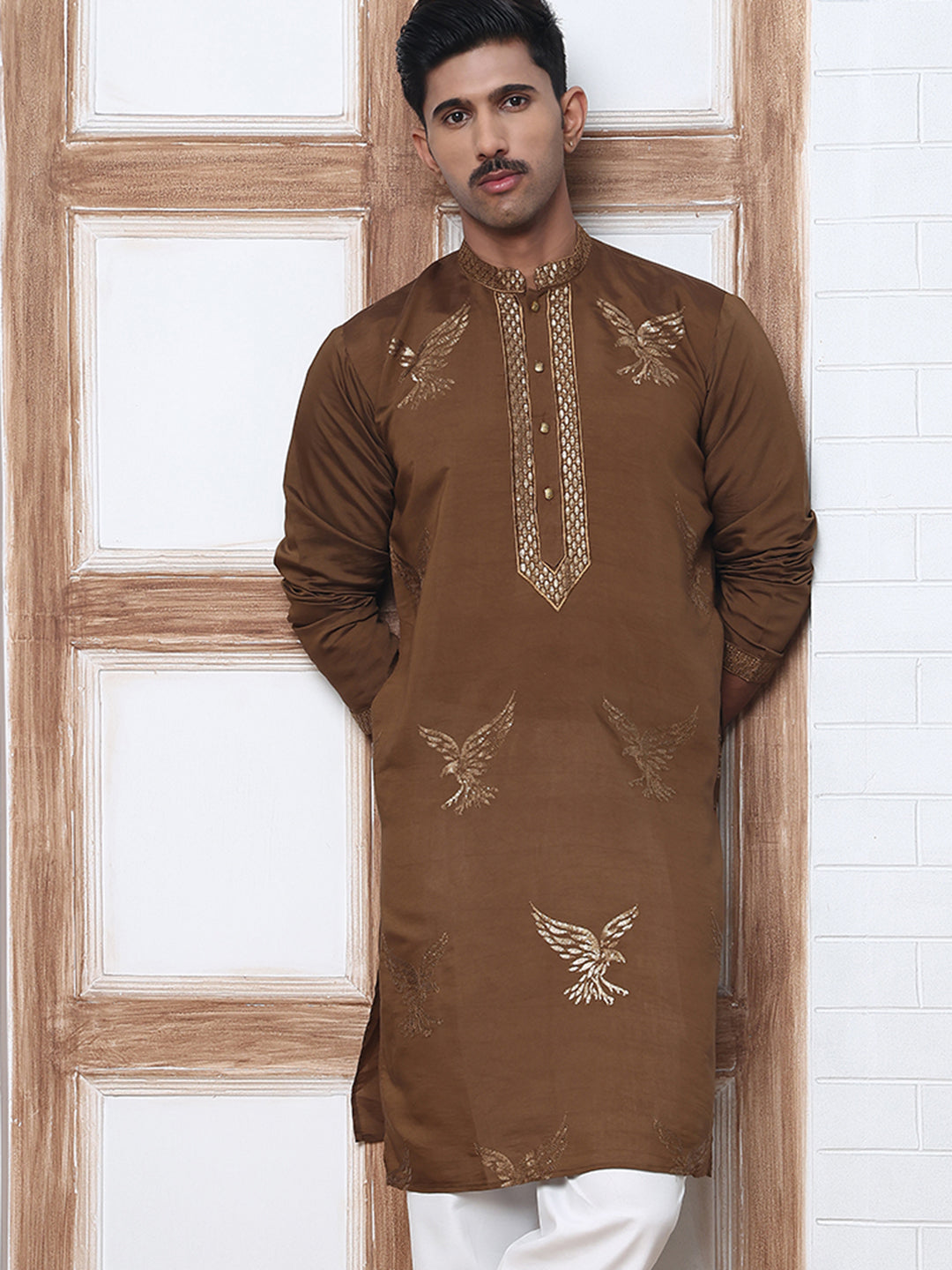 Silk Blend Kurta With Golden Eagle Embroidery