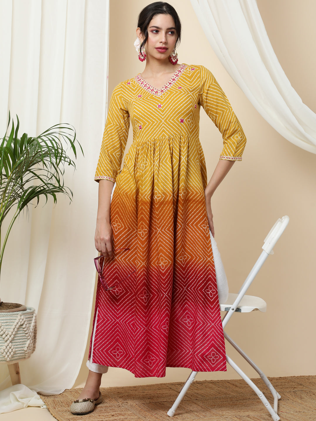 Rayon Calf Length Printed 3/4 Sleeve V-Neck Kurta