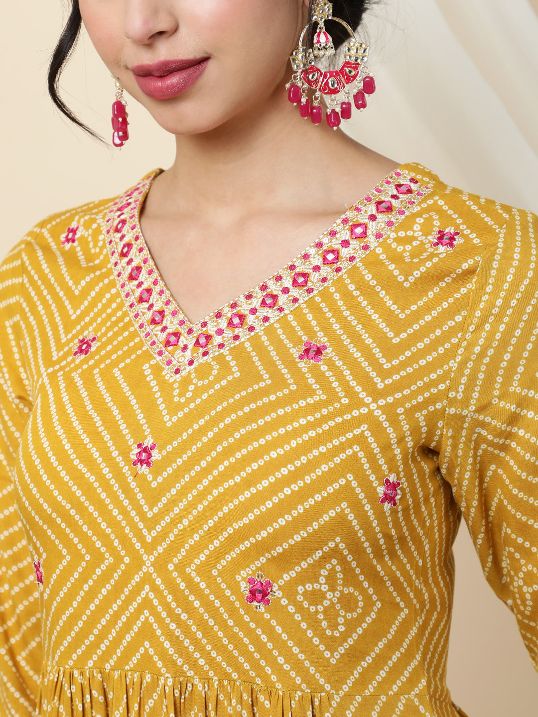 Rayon Calf Length Printed 3/4 Sleeve V-Neck Kurta