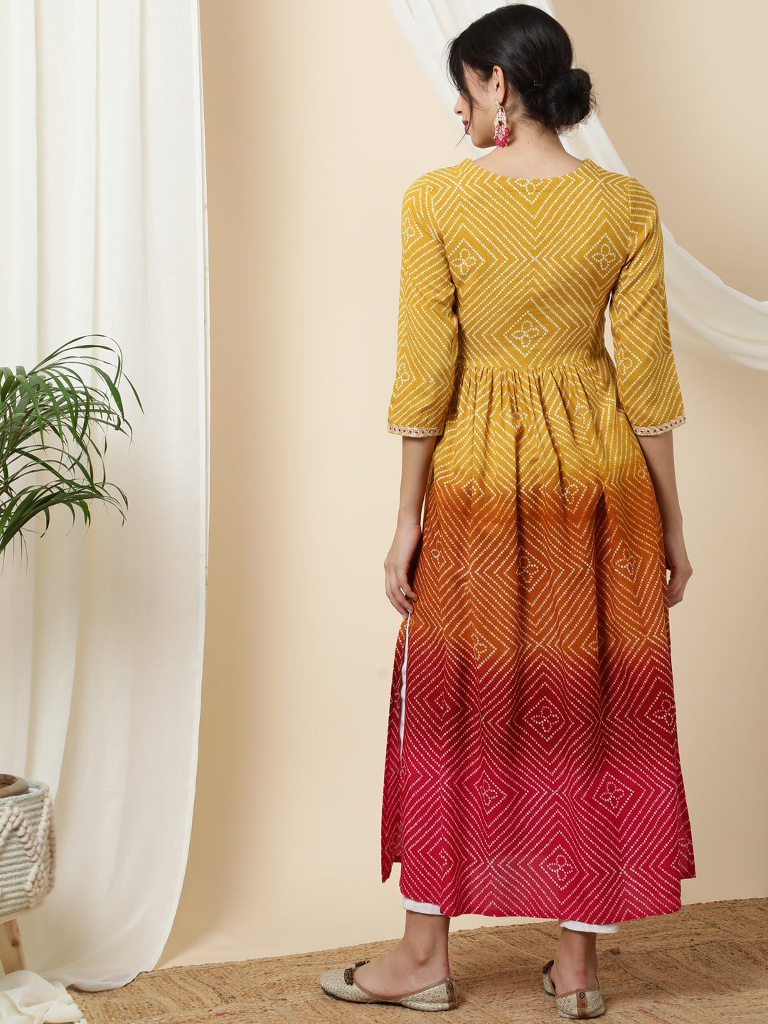 Rayon Calf Length Printed 3/4 Sleeve V-Neck Kurta