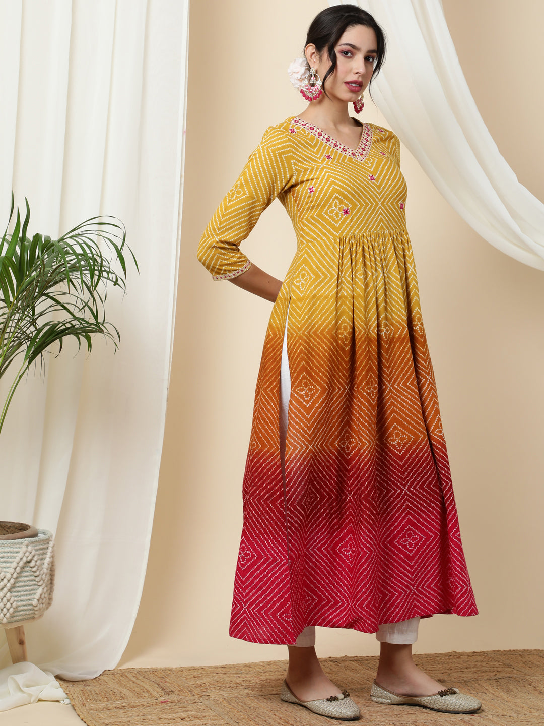 Rayon Calf Length Printed 3/4 Sleeve V-Neck Kurta