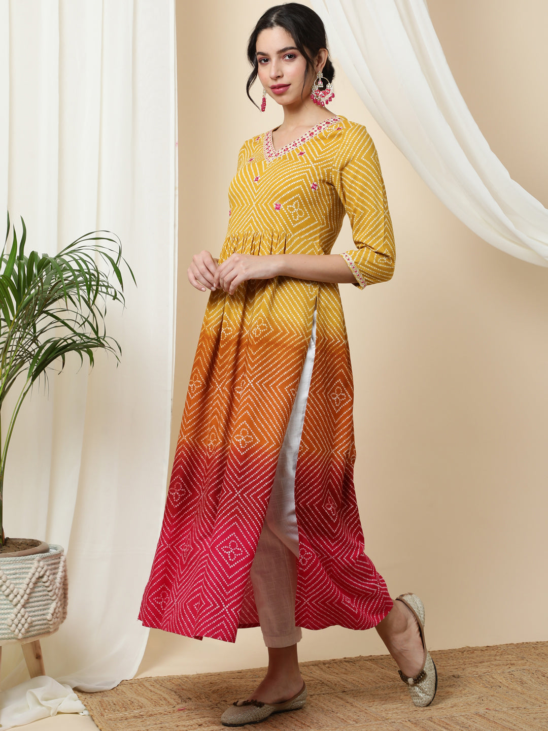 Rayon Calf Length Printed 3/4 Sleeve V-Neck Kurta