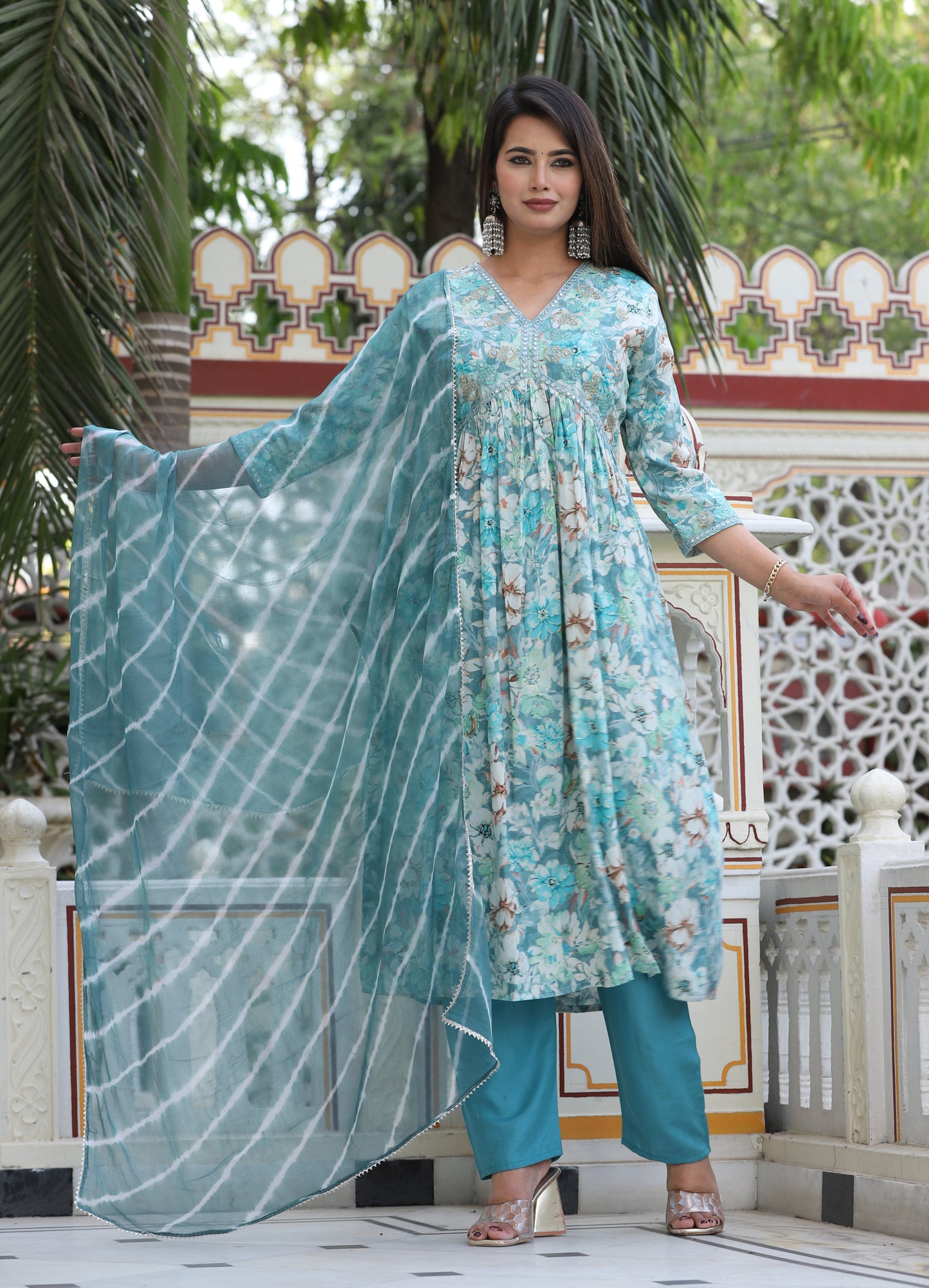 Multi Alia Cut Rayon Printd Embroiderd Kurta With Pant And Dupatta