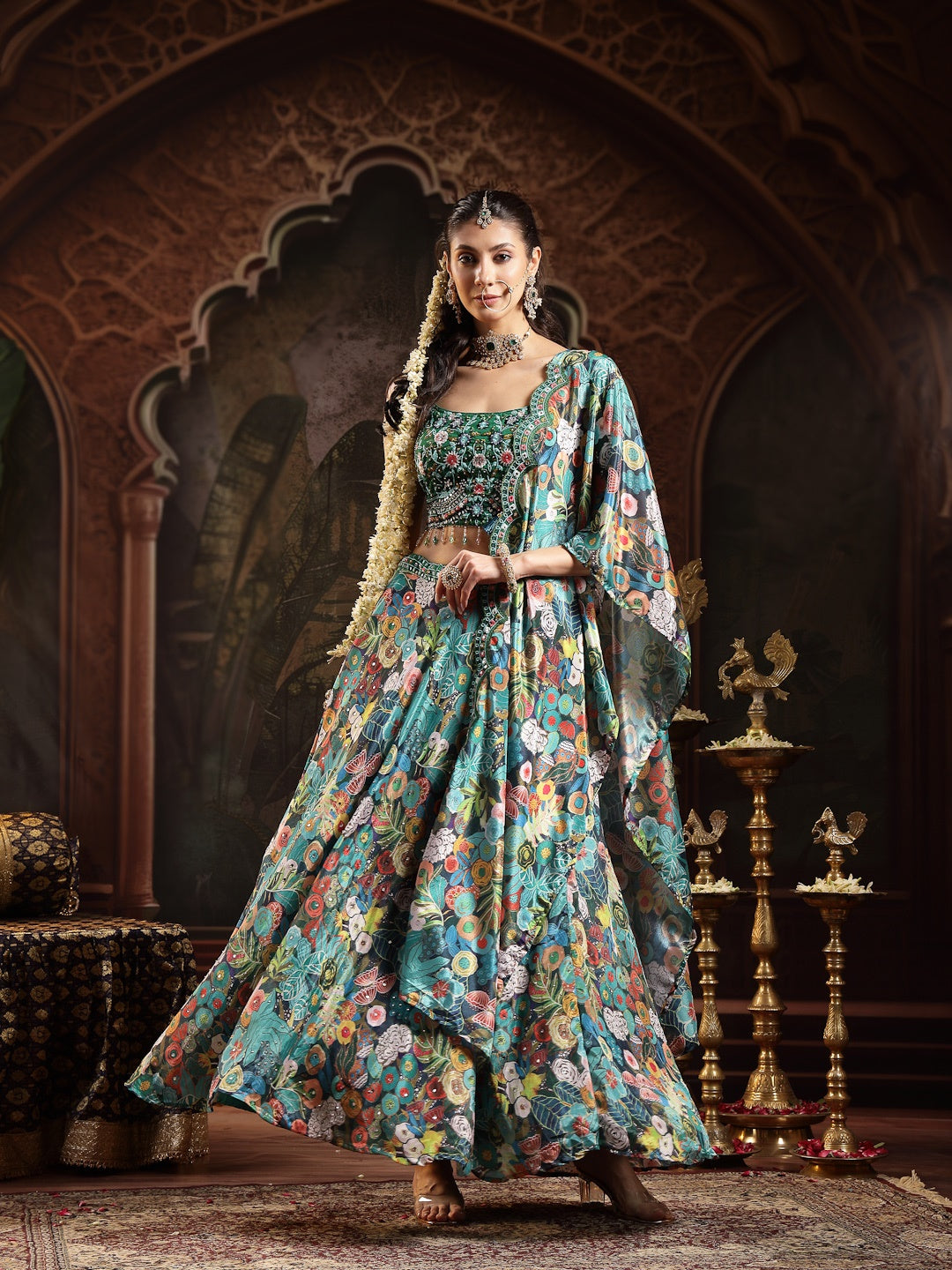 Green Floral Printed & Embroidered Silk Blend Lehenga Choli With Dupatta