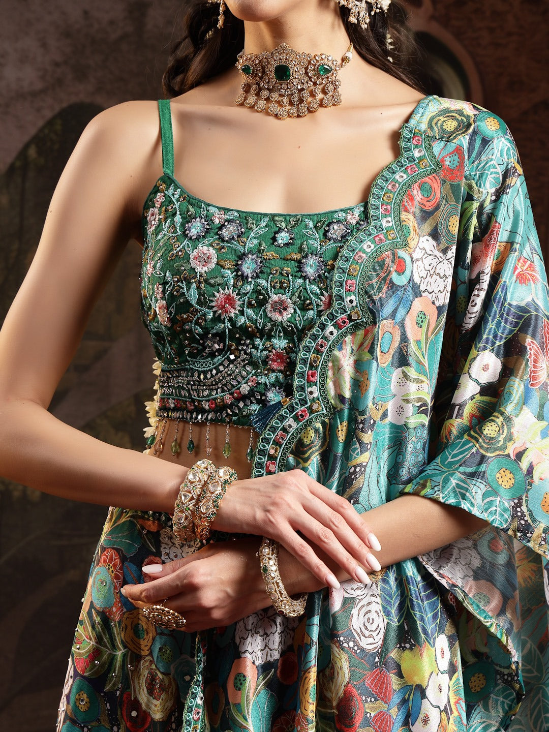 Green Floral Printed & Embroidered Silk Blend Lehenga Choli With Dupatta