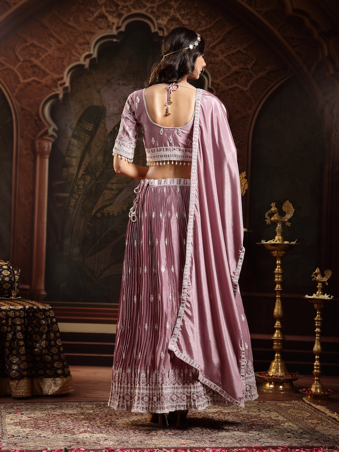 Lavender Embroidered Chinon Lehenga Choli With Dupatta