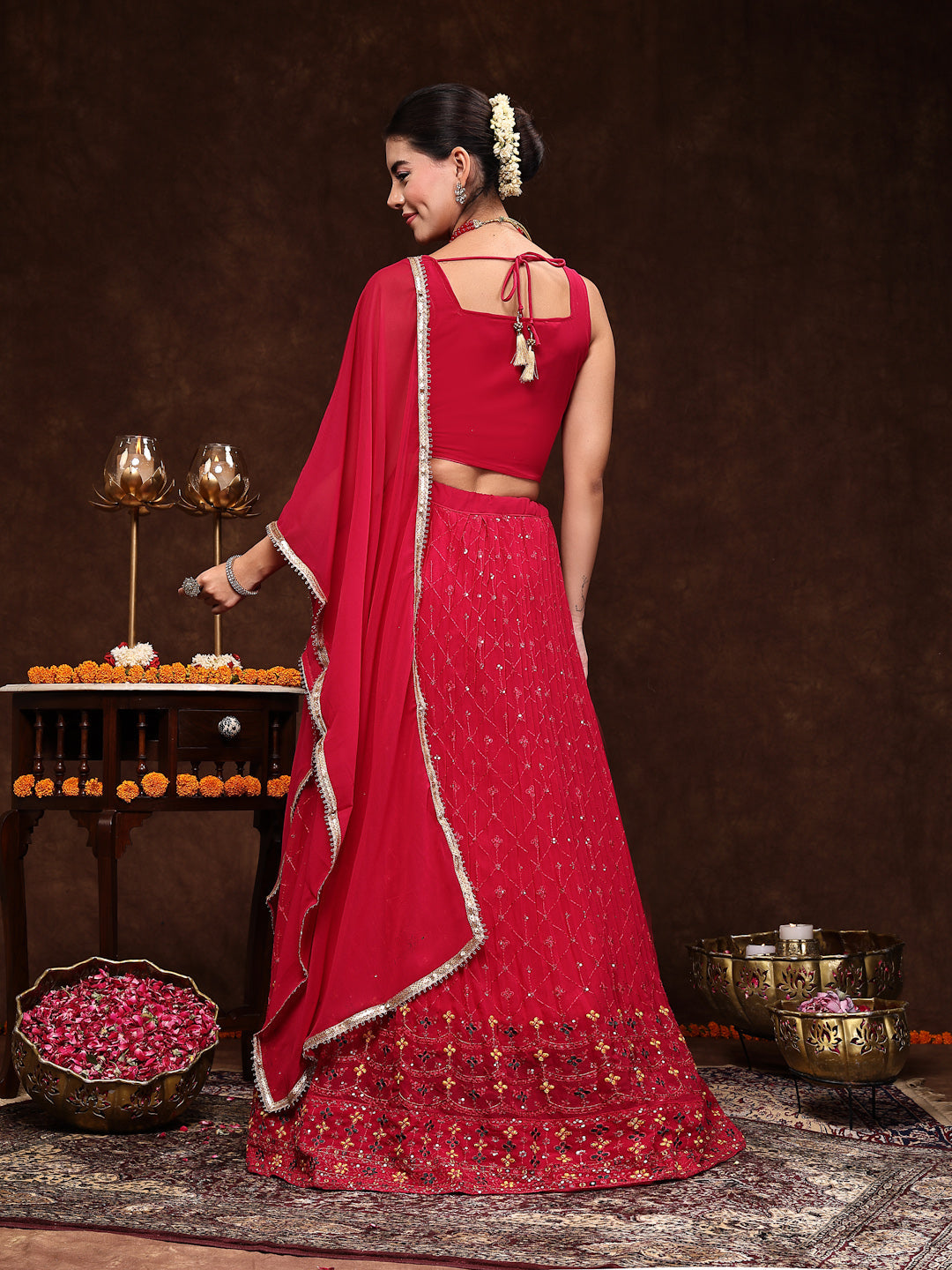 Magenta Embroidered Georgette Lehenga & Blouse With Dupatta