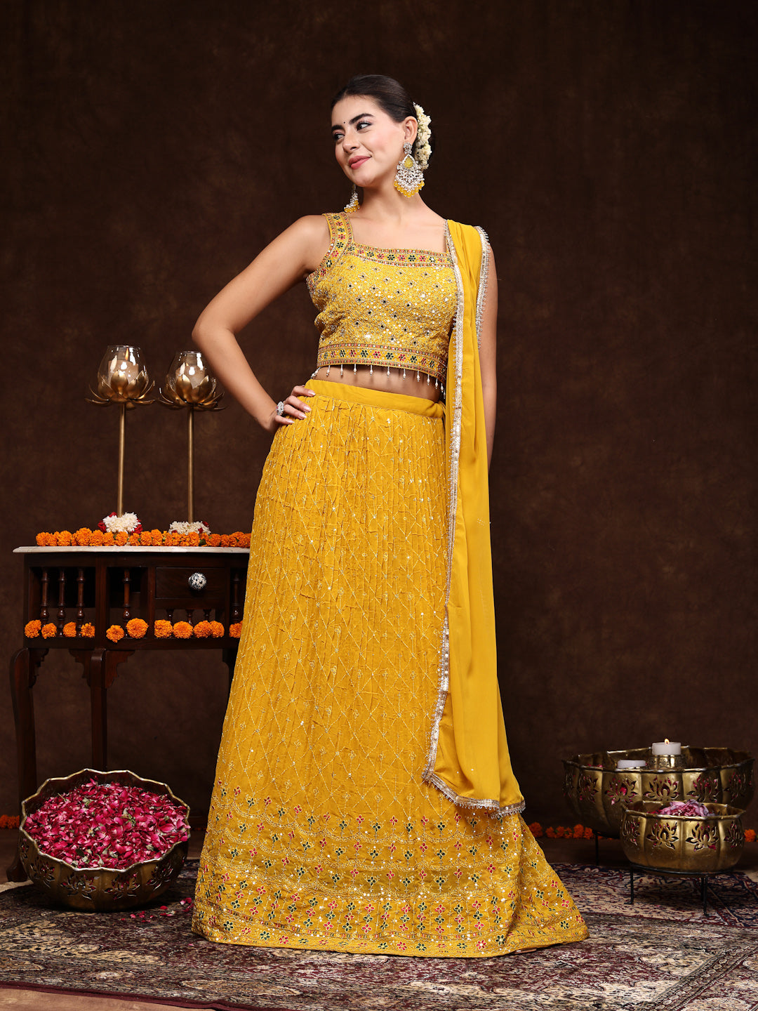 Mustard Embroidered Georgette Lehenga & Blouse With Dupatta (Pre-Order)