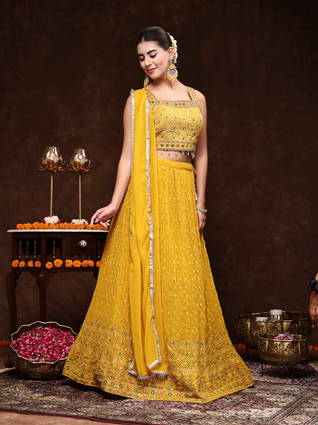 Mustard Embroidered Georgette Lehenga & Blouse With Dupatta