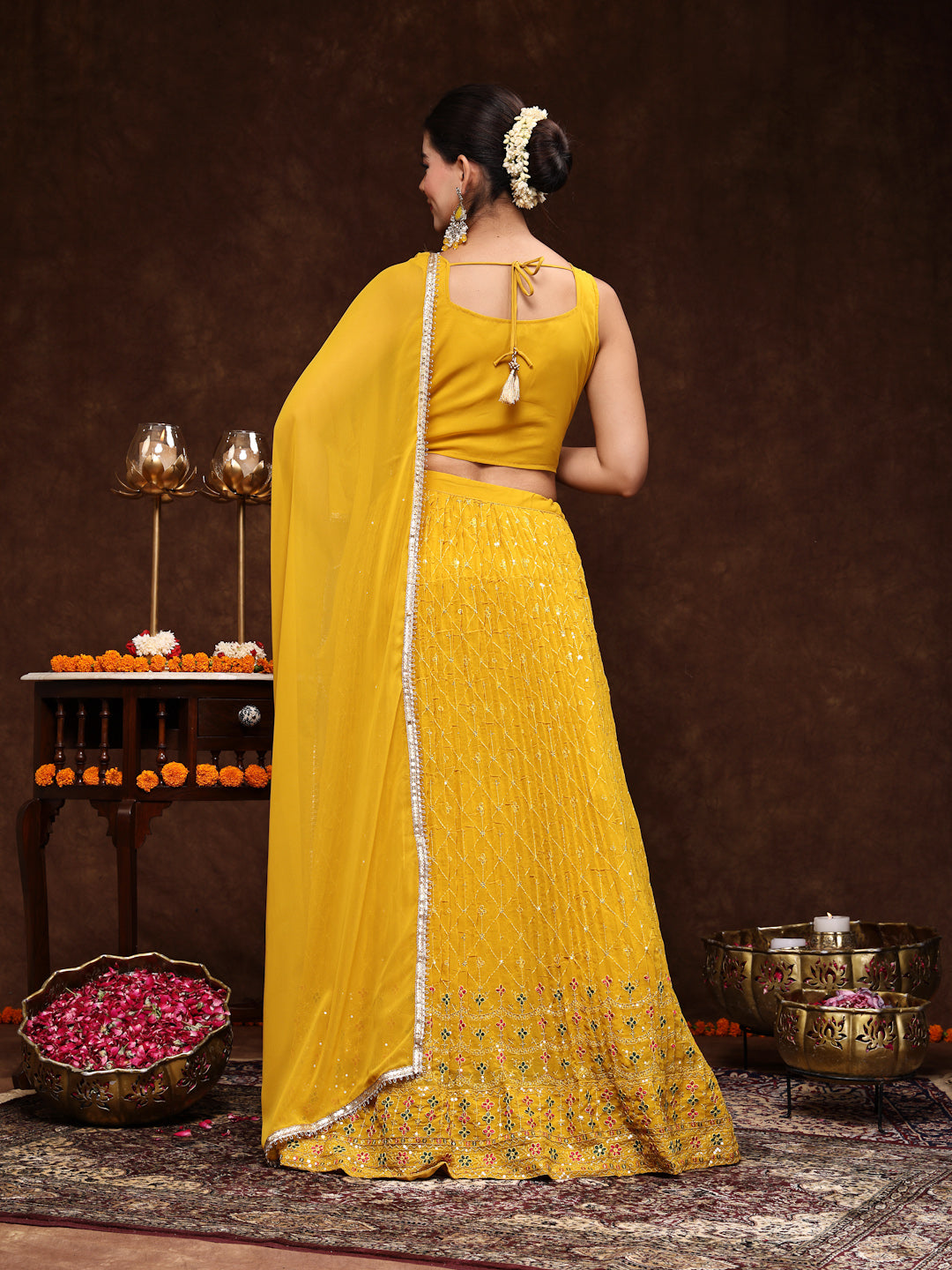Mustard Embroidered Georgette Lehenga & Blouse With Dupatta