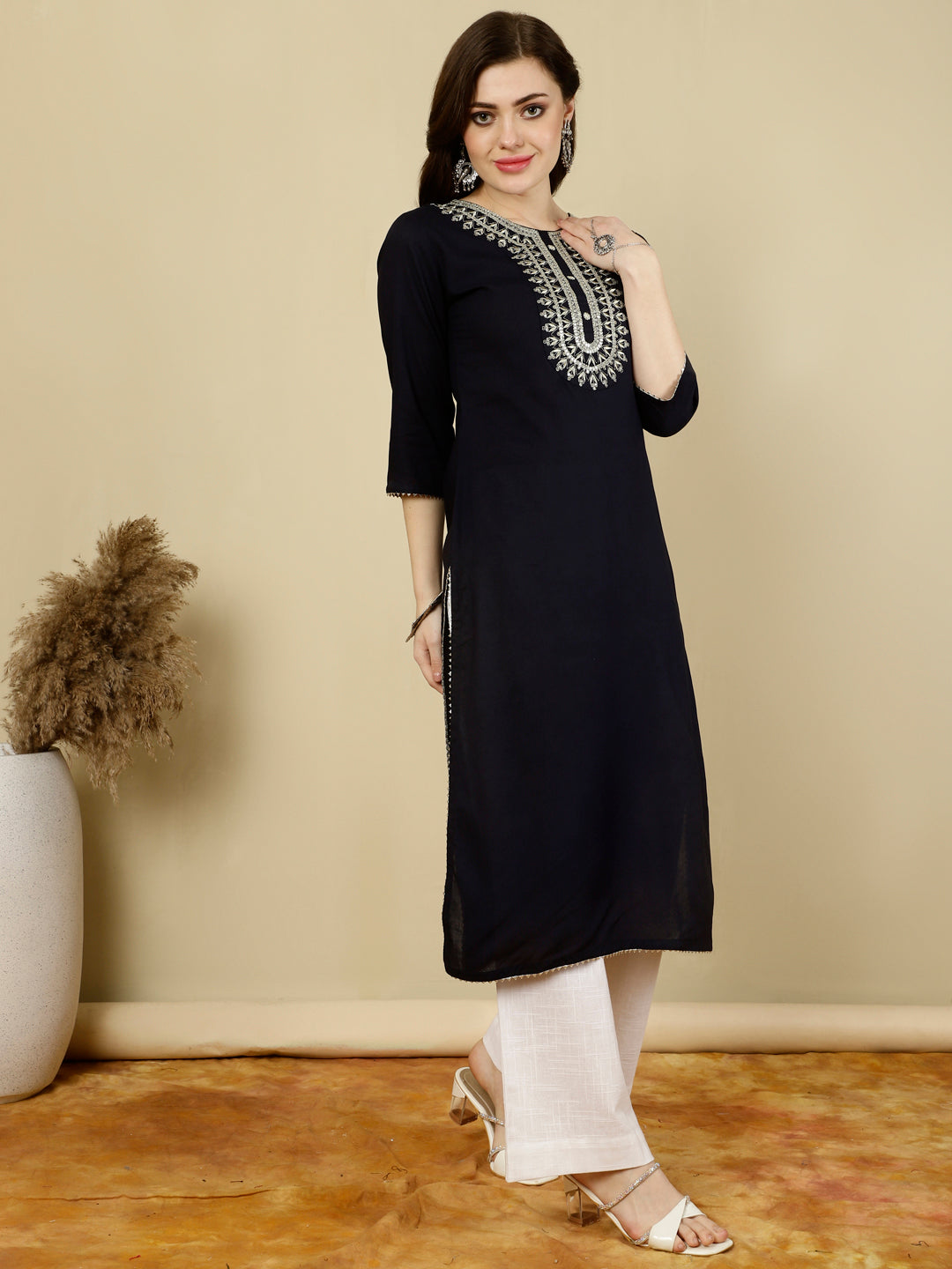 Floral Embroidered  Round Neck Flared Kurta