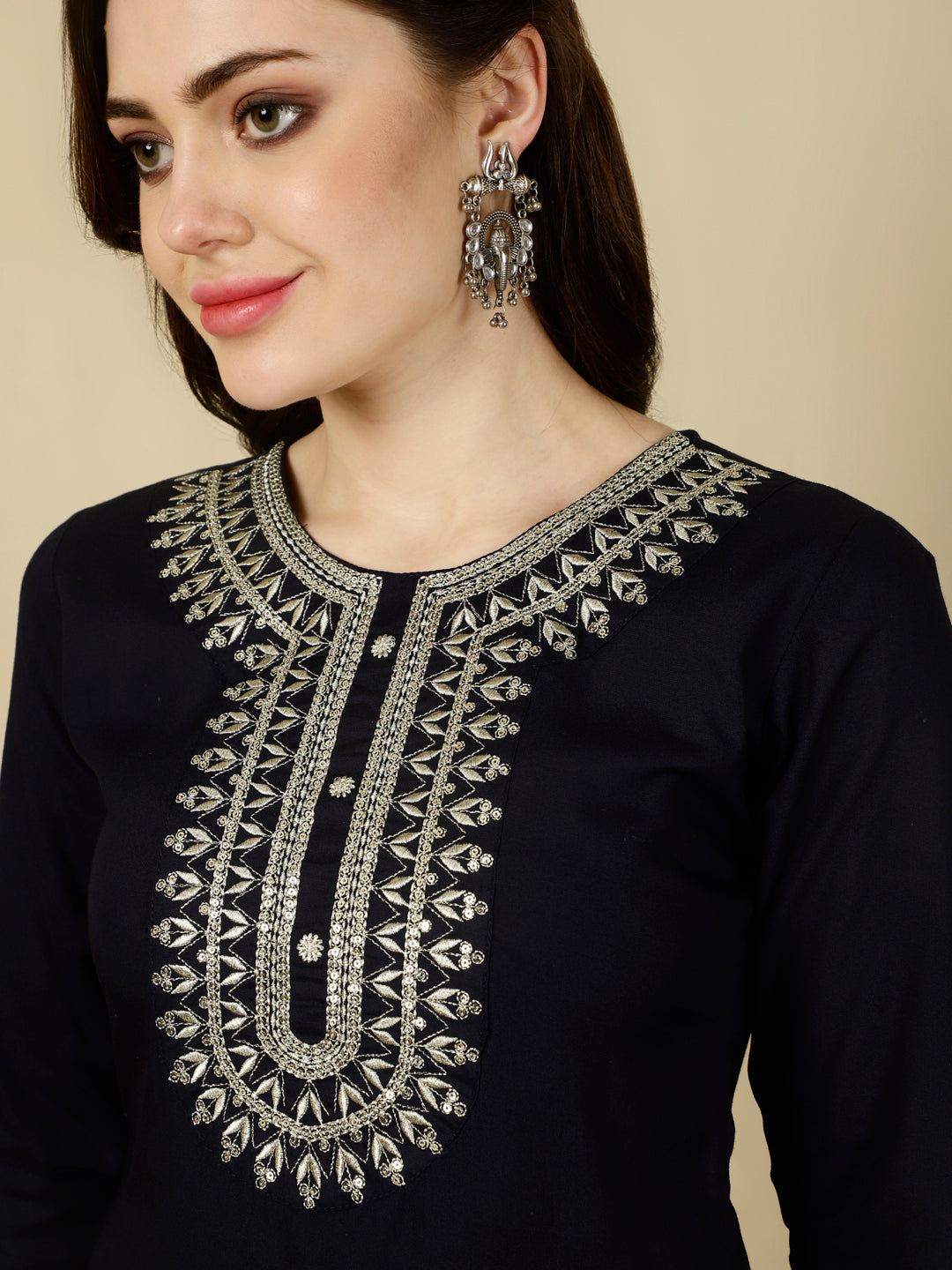 Floral Embroidered Round Neck Flared Kurta