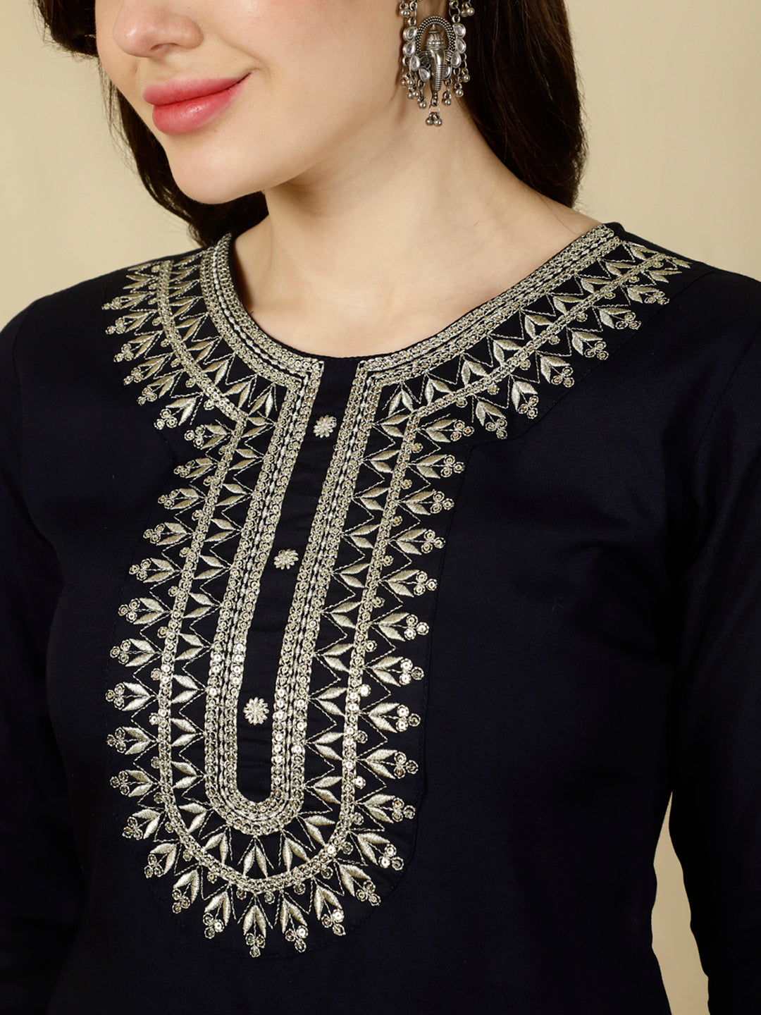 Floral Embroidered  Round Neck Flared Kurta