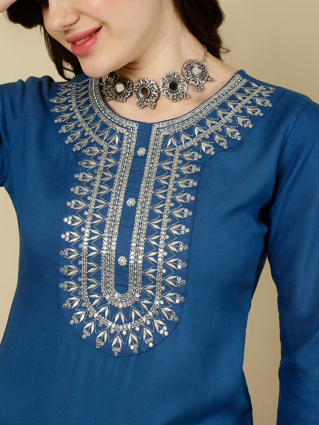 Floral Embroidered Round Neck Flared Kurta