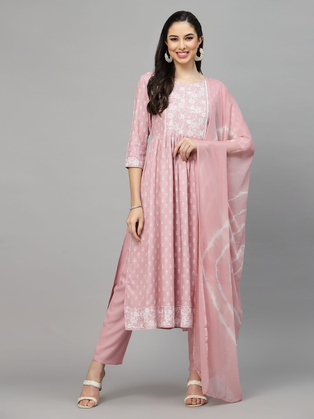 Printed Rayon Naira Cut Kurta Pant Dupatta Set
