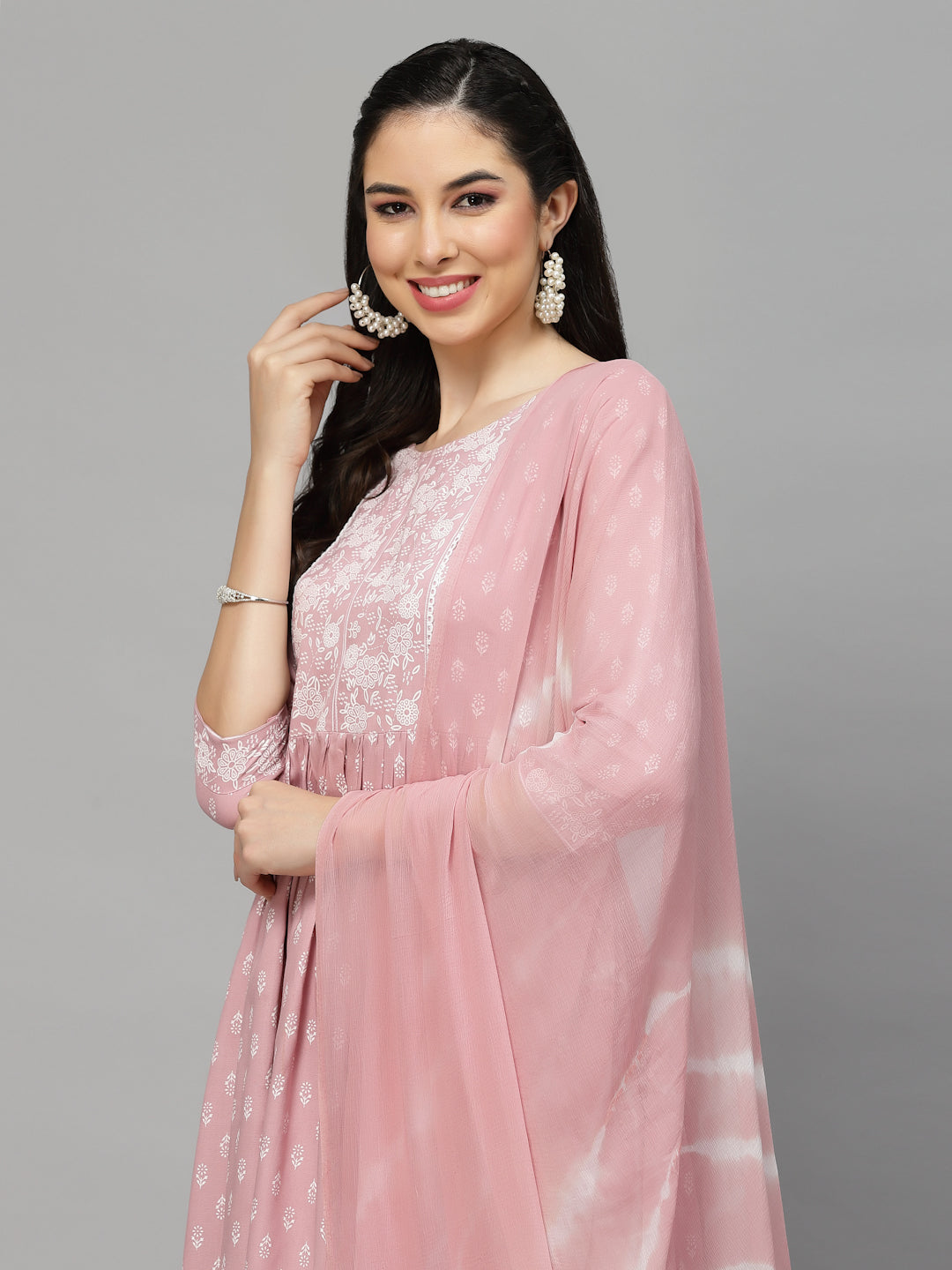 Printed Rayon Naira Cut Kurta Pant Dupatta Set