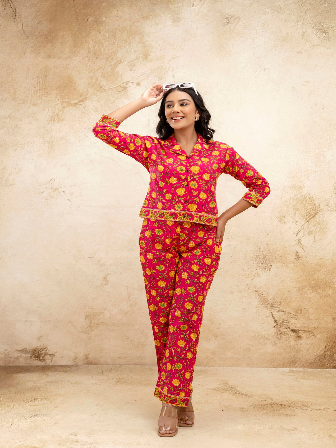 Pink Printed Shirt Collar Three-Quarter Sleeves Top & Trouser