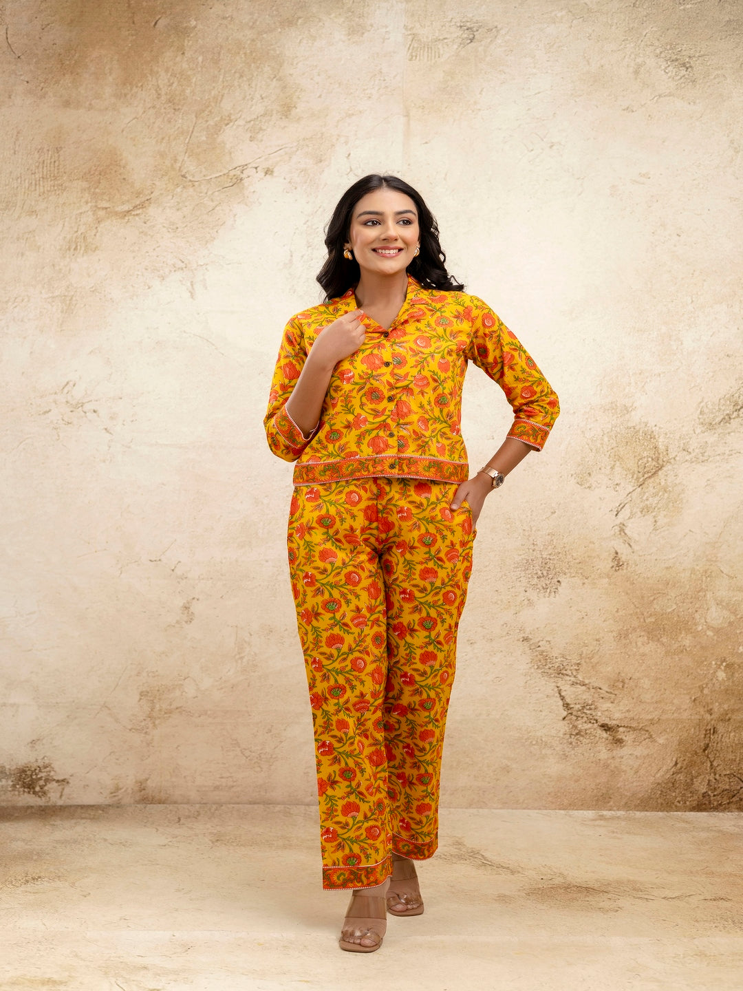 Yellow Printed Shirt Collar Three-Quarter Sleeves Top & Trouser