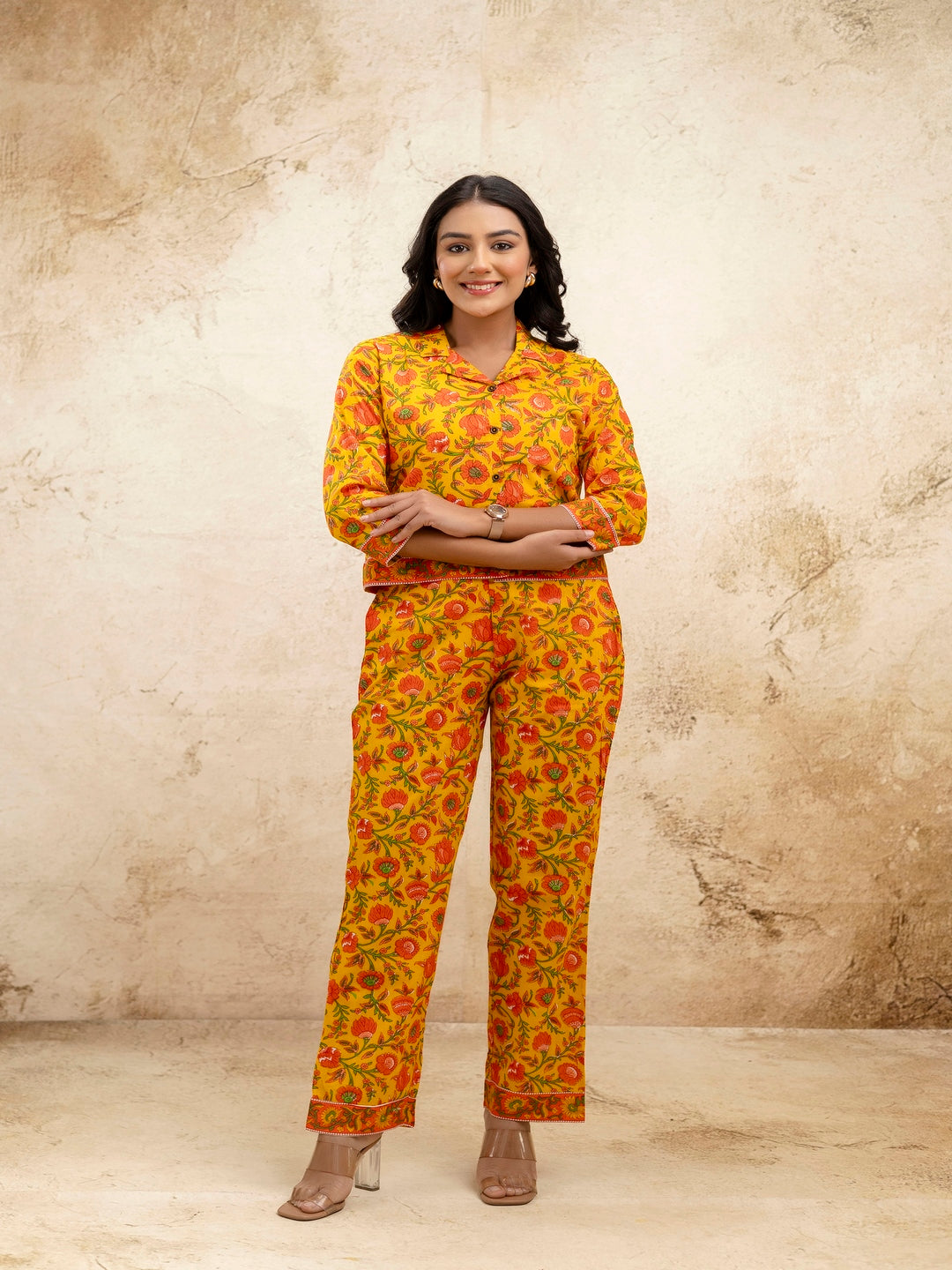 Yellow Printed Shirt Collar Three-Quarter Sleeves Top & Trouser