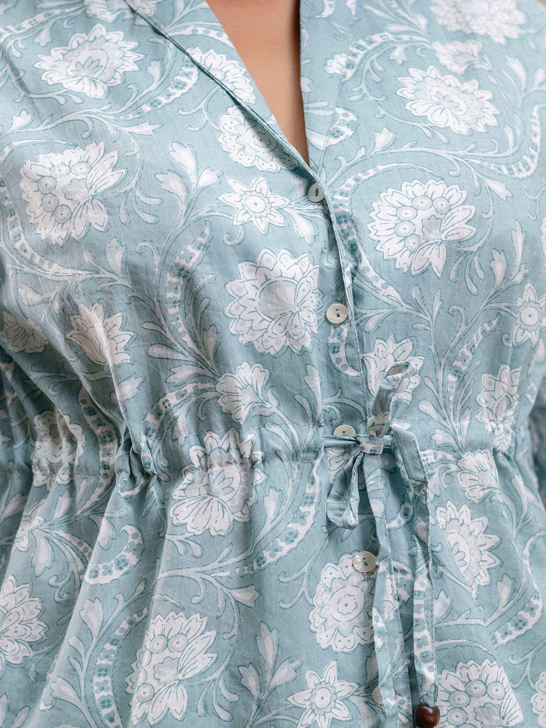 Grey Printed Shirt Collar Three-Quarter Sleeves Top & Trouser