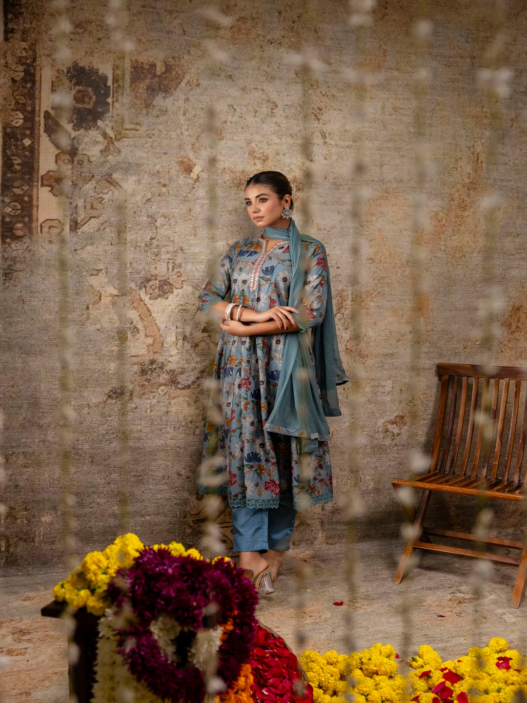 Embroidered Floral Round Neck Muslin Kurta & Pant With Dupatta
