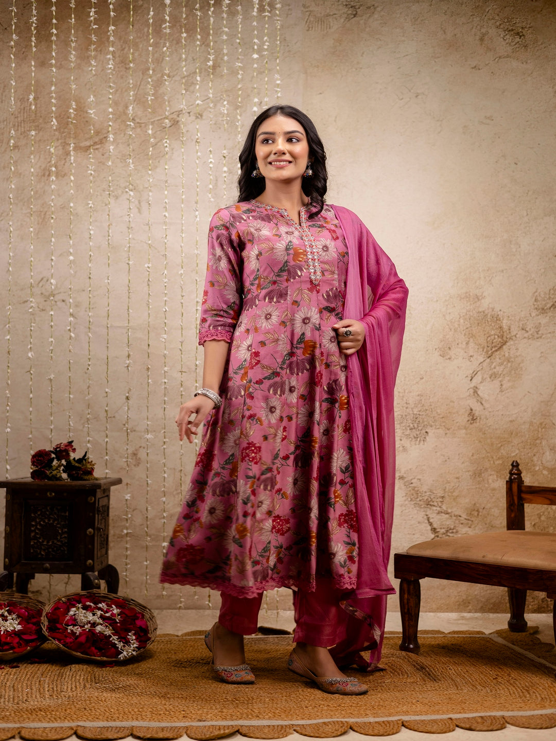 Embroidered Floral Round Neck Muslin Kurta & Pant With Dupatta