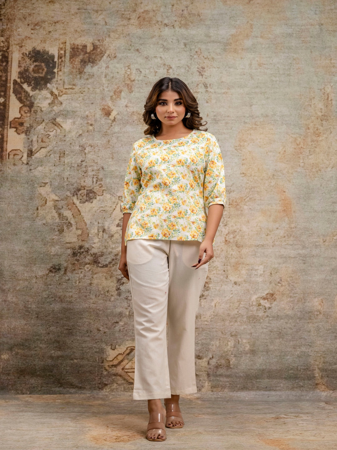 Yellow Printed Round Neck Three-Quarter Sleeves Top & Trouser