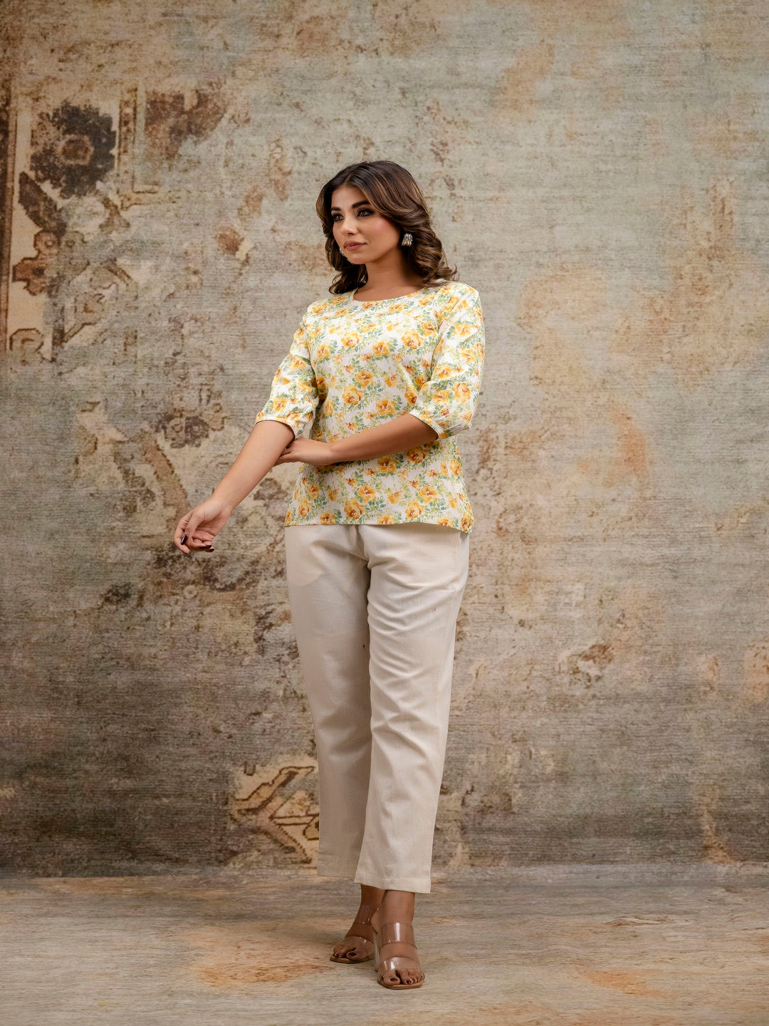 Yellow Printed Round Neck Three-Quarter Sleeves Top & Trouser