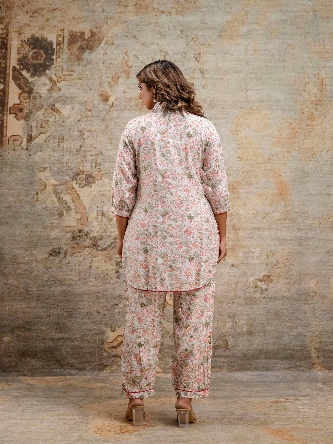 Beige Floral Printed Collar-Neck Three-Quarter Sleeves Top with Trouser