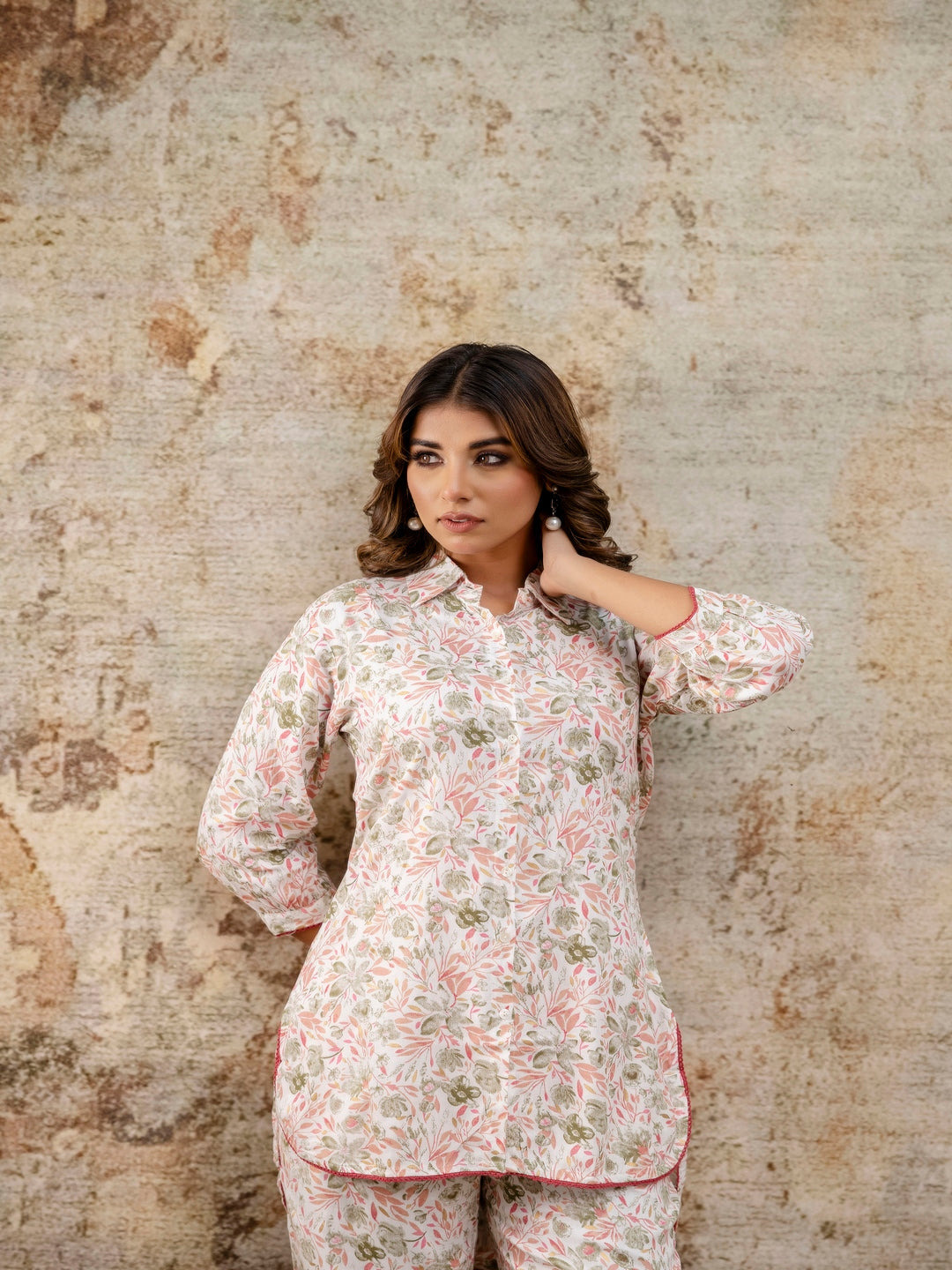 Beige Floral Printed Collar-Neck Three-Quarter Sleeves Top with Trouser