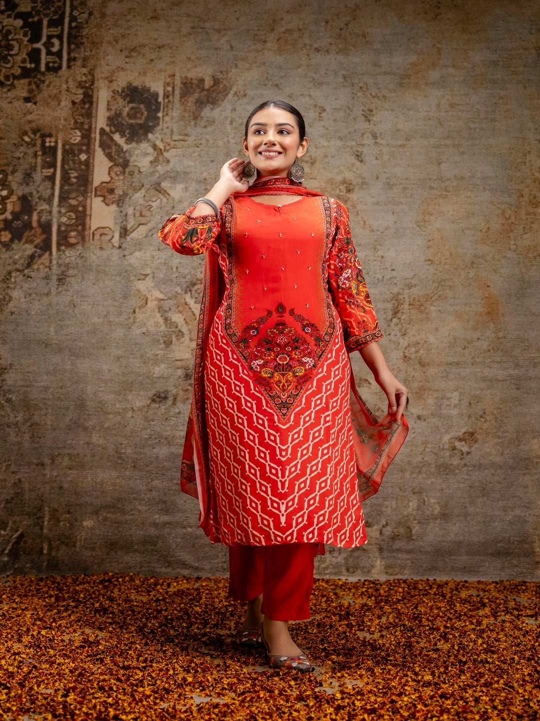 Red Printed Round Neck Calf Length Silk Kurta & Pant With Dupatta