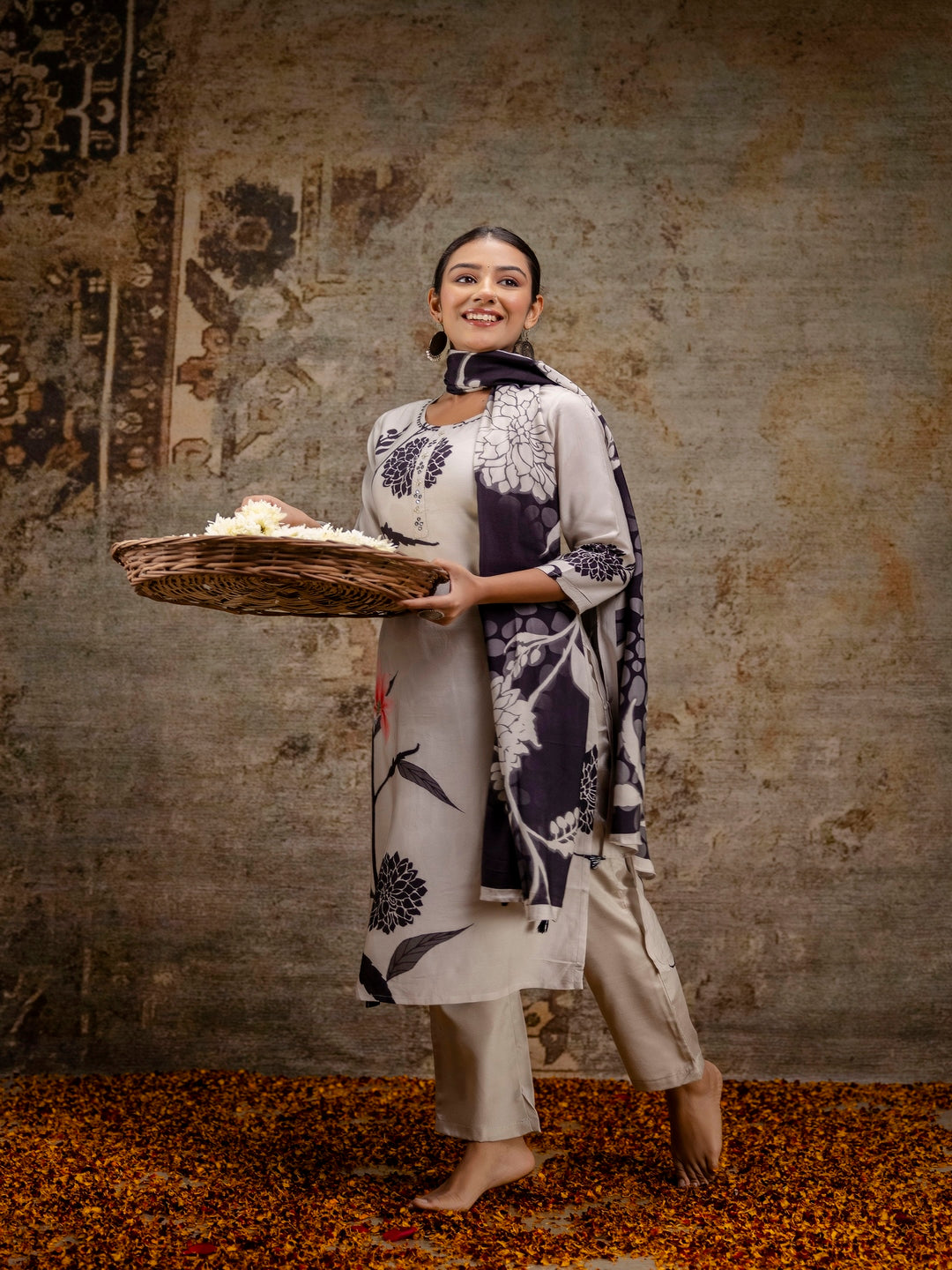 Black Printed Round Neck Calf Length Silk Kurta & Pant With Dupatta