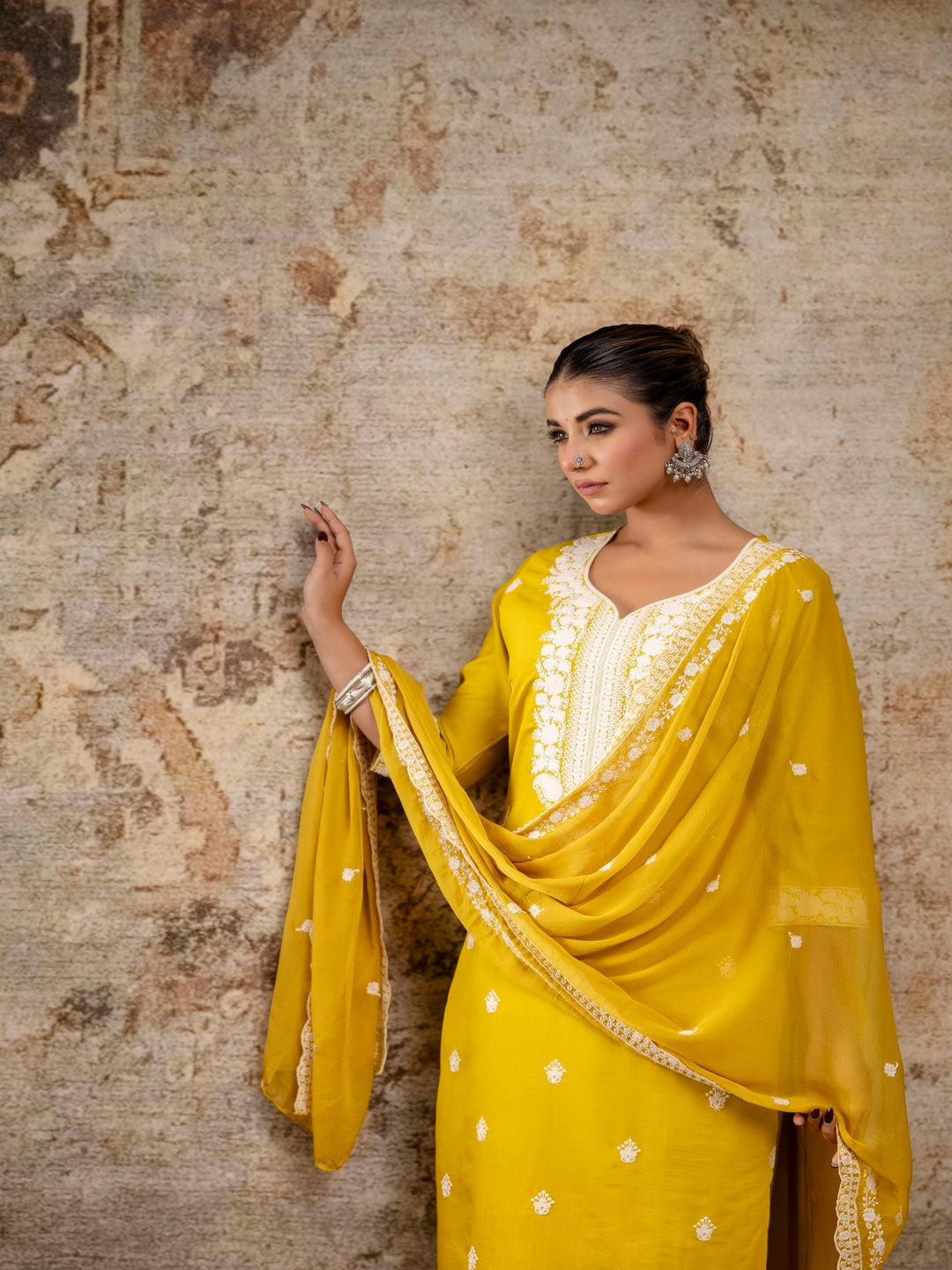 Yellow Embroidered Round Neck Calf Length Silk Kurta & Pant With Dupatta