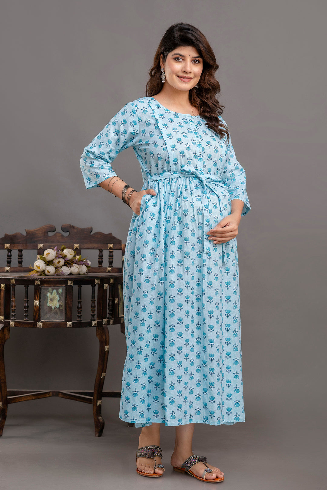 Blue Printed Maternity Dress